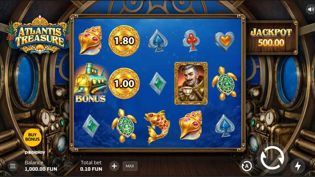 Tampilan visual slot Atlantis Treasure dengan tema steampunk bawah laut
